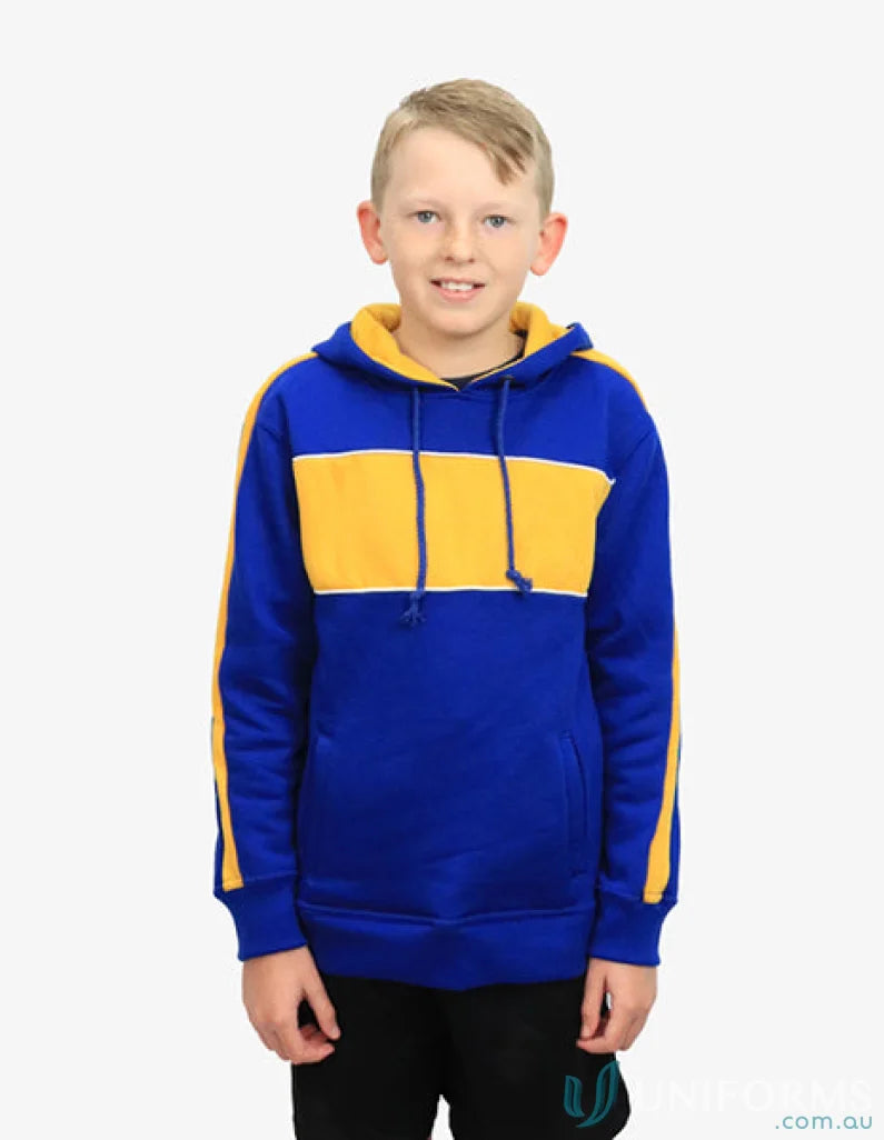 Boy in blue and gold Kids Chesty Hoodie with anti-pill fleece chest panel bshd11k