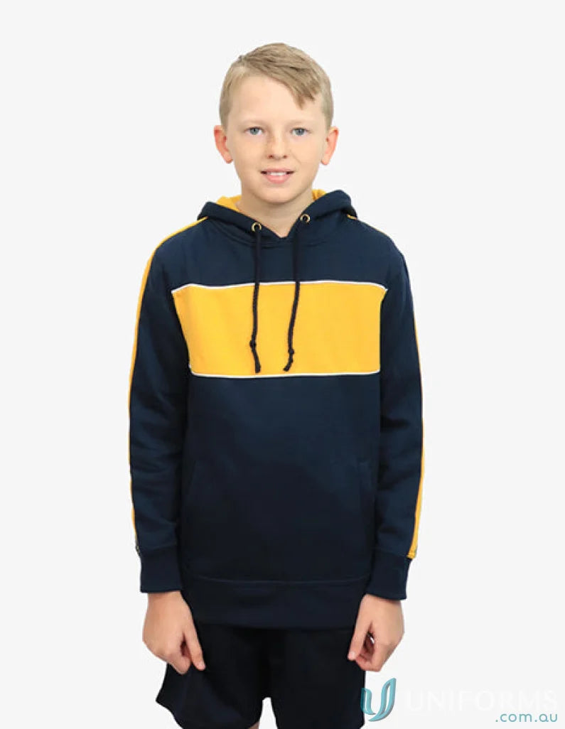 Boy in Kids Chesty Hoodie with two-tone design and anti-pill fleece chest panel