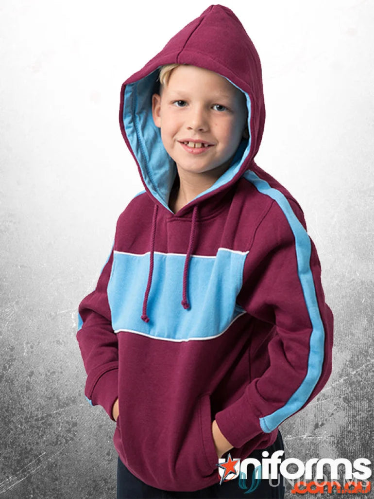 Kids Chesty Hoodie in maroon and blue with anti-pill fleece chest panel bshd11k