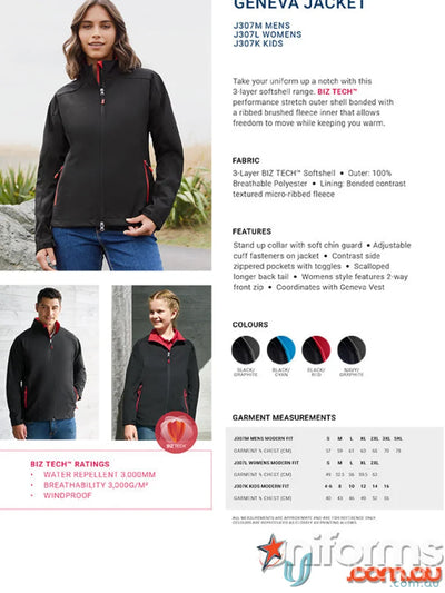 Kids Geneva Softshell jacket info for outdoor activities in a stylish geneva jacket