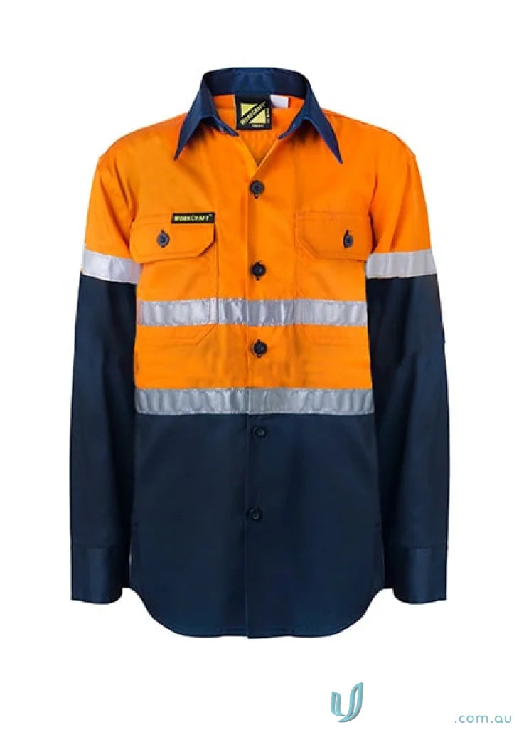 Orange and navy blue Kids HI VIS LS Shirt with reflective tape and twin needle stitching
