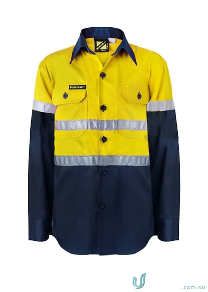 Kids HI VIS LS Shirt with reflective tape and twin needle stitching in yellow navy