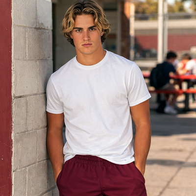 White crew-neck cotton t-shirt in kids microfibre sport shorts