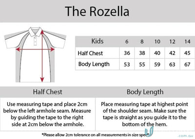 Kids Rozella Polo clothing size chart with cooldry moisture management technology