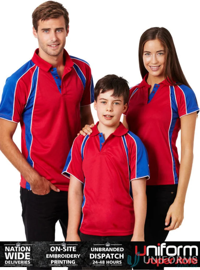 Kids Rozella Polo with matching red and blue shirts, featuring cooldry technology for moisture management