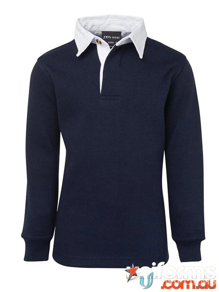 Kids rugby jumper in navy with white collar, made from 350gsm rugby knit by JBs KIDS RUGBY