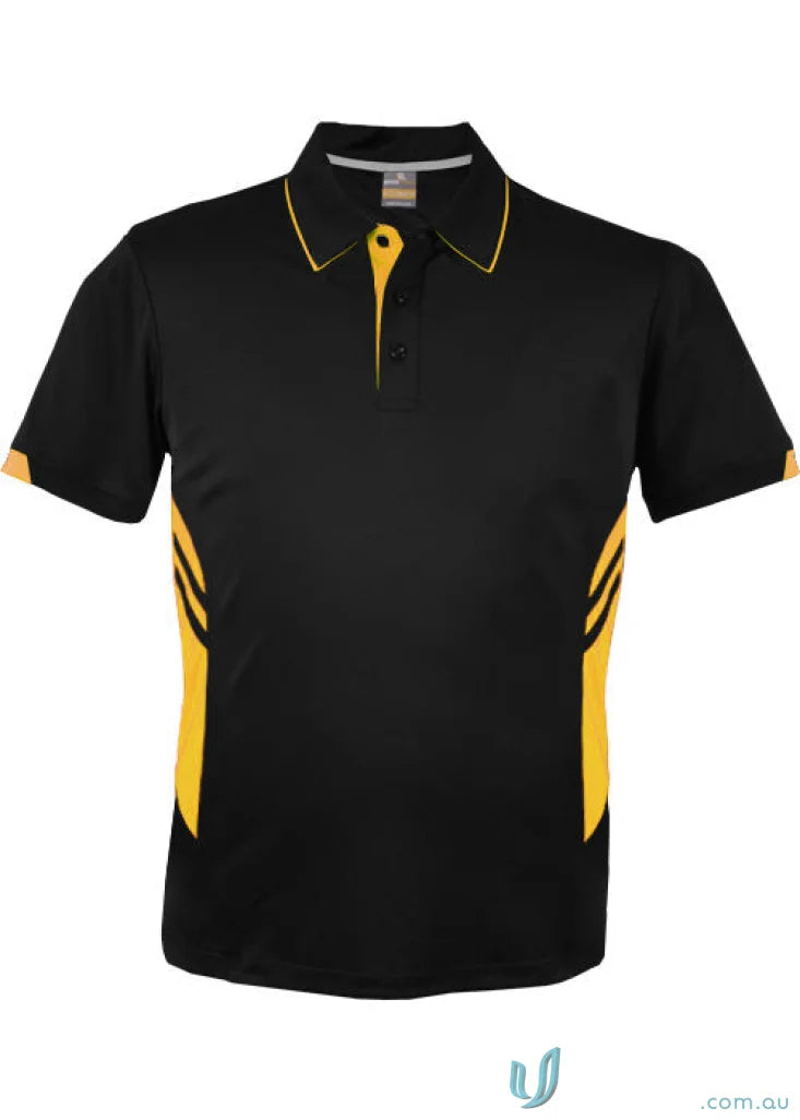 Kids Tasman Polo in black and yellow, perfect for kids Tasman polo style