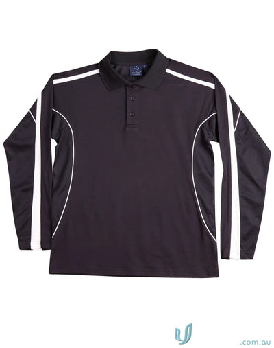 Kids TrueDry Legend LS Polo with black long sleeve and white accents, fashion long sleeve