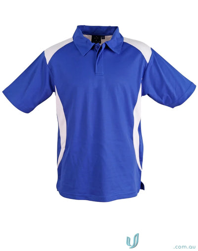 Kids TrueDry Winner contrast short sleeve polo with royal blue and white panels for team’s image