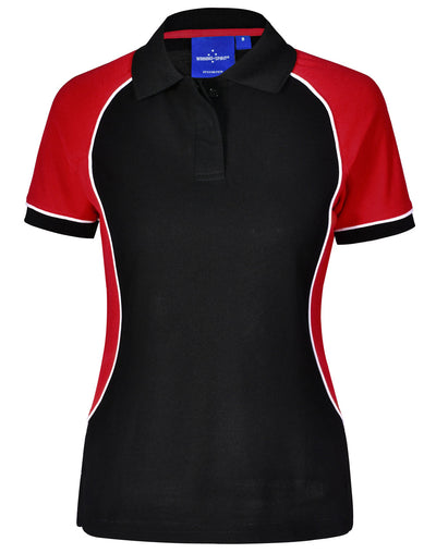 Ladies Arena Polo in black red with white trim, Truedry pique fabric