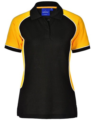 Ladies Arena Polo in black yellow with white trim Truedry pique fabric