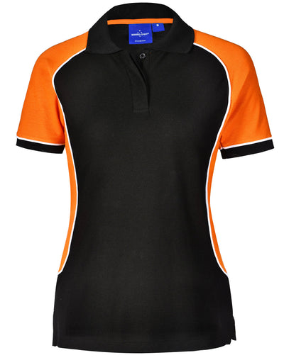 Ladies Arena Polo in black orange with white trim Truedry pique fabric