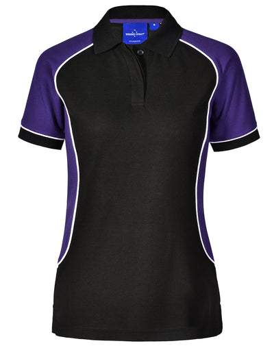 Ladies Arena Polo in black purple with white trim Truedry pique fabric