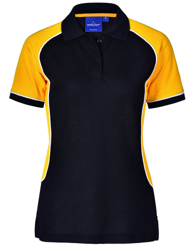 Ladies Arena Polo in black yellow with white trim Truedry pique fabric