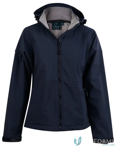 Navy blue Jk34 Aspen Softshell Ladies Aspen softshell hooded jacket for comfy fall wear