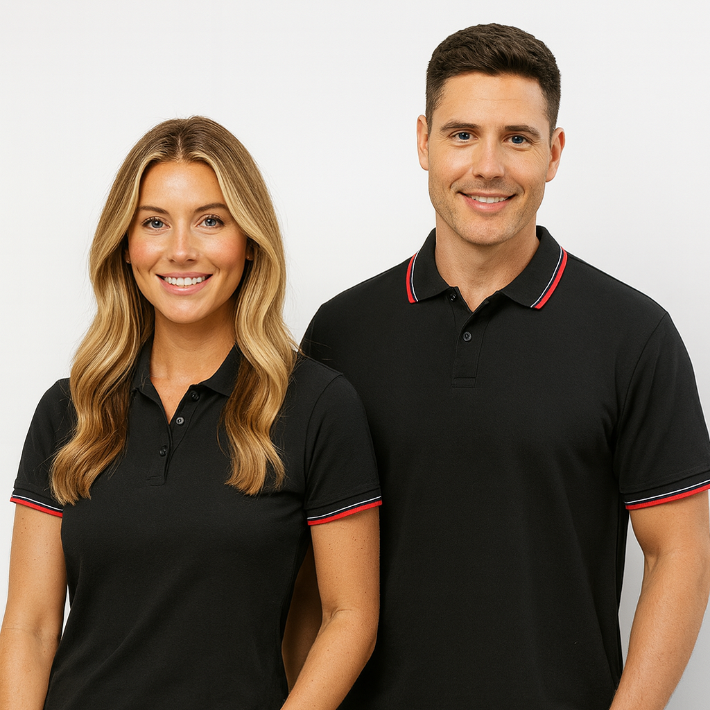 Ladies Canterbury polo in black with red white trim on collar cuffs