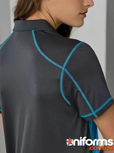 Ladies Dart Polo in honeycomb knit fabric with gray color and blue stitching