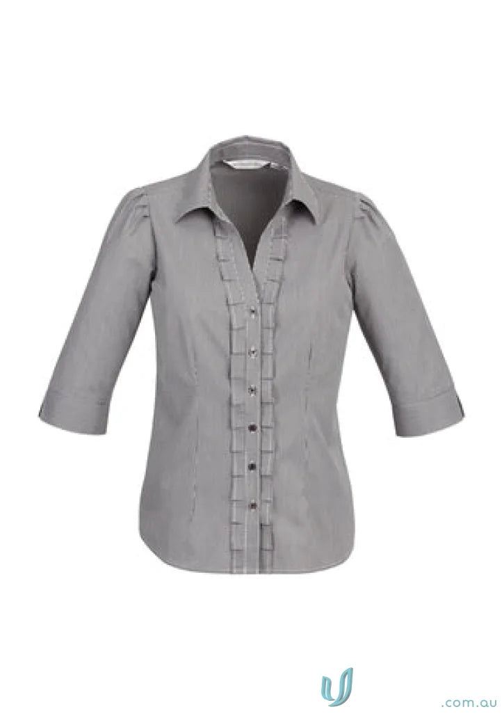 Ladies Edge 3QTR grey shirt from s267lt biz collection with ruffled placket details
