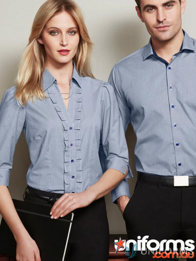 Two models showing light blue striped Ladies Edge 3Q Shirt from s267lt biz collection