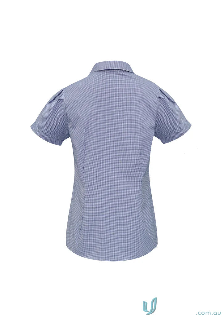 Ladies Edge s267ls short-sleeved check pattern blue and white checkered shirt