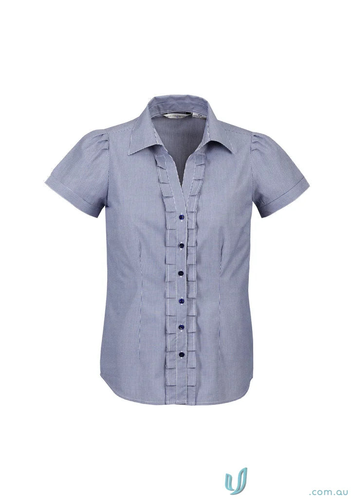 Blue and white check pattern Ladies Edge SS Shirt with ruffles, style s267ls