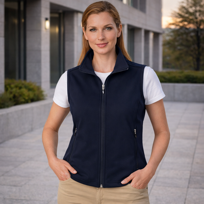 Jk26 ladies hitech softshell navy blue zip-front fleece vest