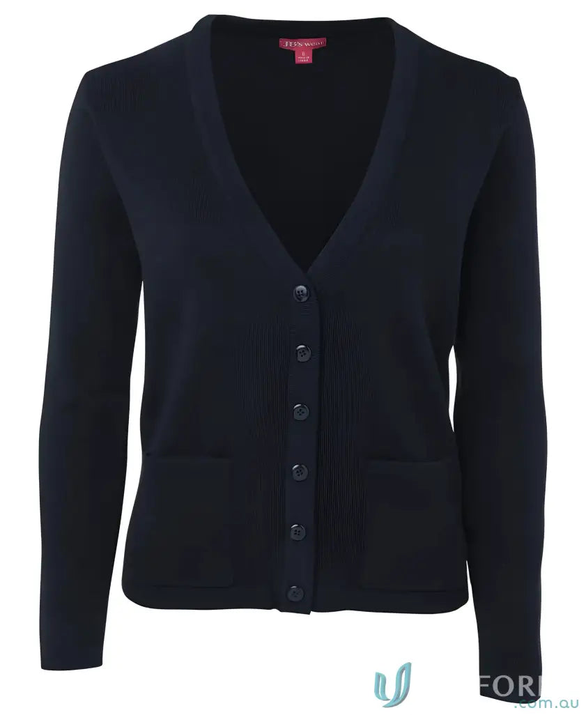 Navy blue ladies knitted cardigan with classic fit construction and acrylic blend perfect combo