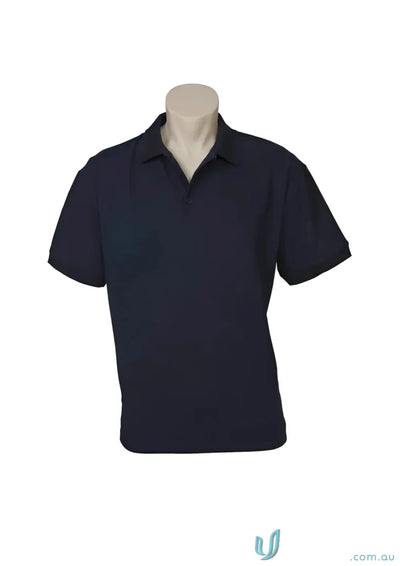 Dark blue ladies micro waffle polo shirt on mannequin from our waffle knit collection