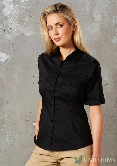 Woman wearing black short-sleeved military shirt from winning spirit ladies M8911 Womens Short