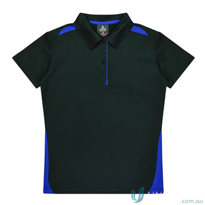 Ladies Paterson Polo in black and blue fabric, perfect for uniforms or workwear