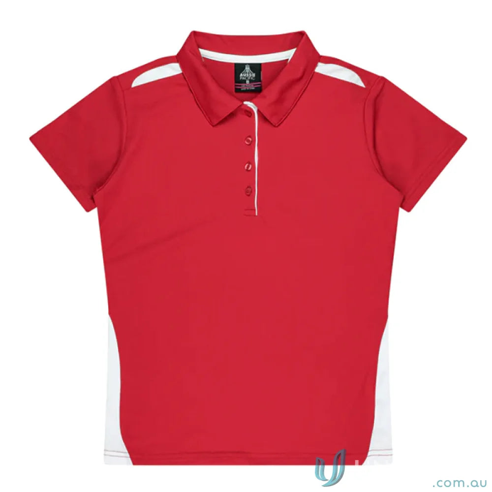 Red and white Ladies Paterson Polo shirt made from comfy fabric, perfect for uniforms and workwear