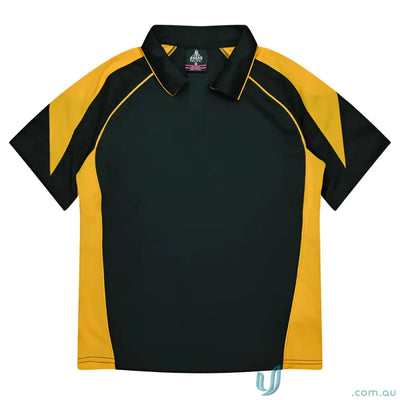Black and gold fabric polo shirt from Ladies Premier Polo, perfect for uniforms or workwear