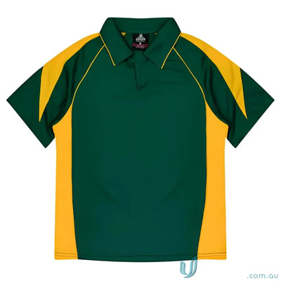 Green and gold short-sleeved fabric polo shirt from Ladies Premier Polo for workwear or uniforms