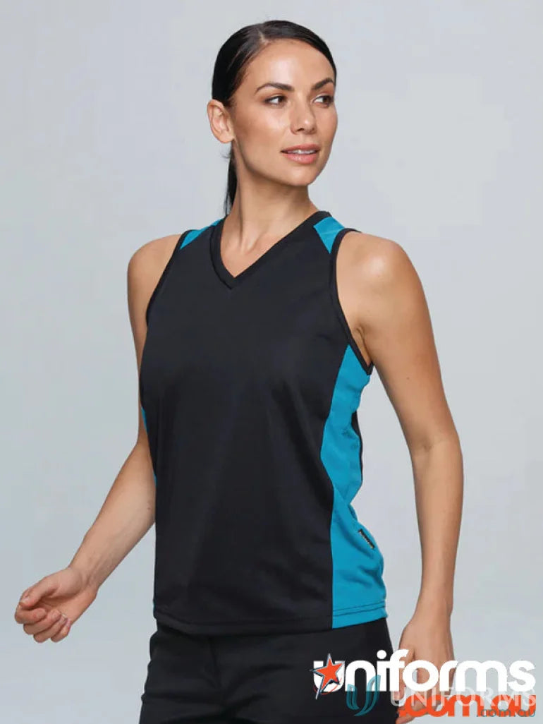 Ladies Premier Singlet black and teal athletic tank top with fabric neck bind