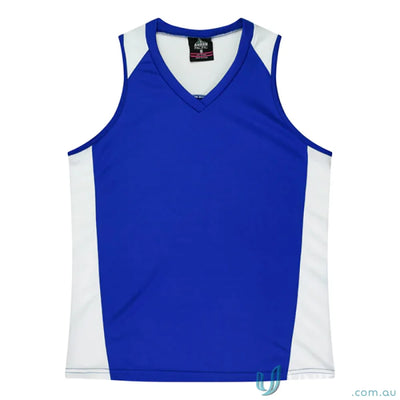 Blue and white Ladies Premier Singlet with fabric neck bind for athletic comfort