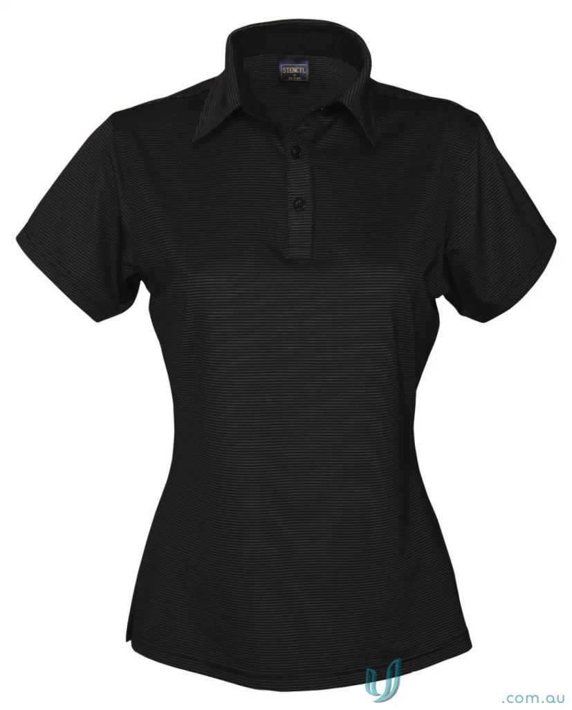 Ladies SilverTech Polo with black striped pattern, featuring nano-scale silver technology and performance fabric yarn-treated for cool dry® comfort
