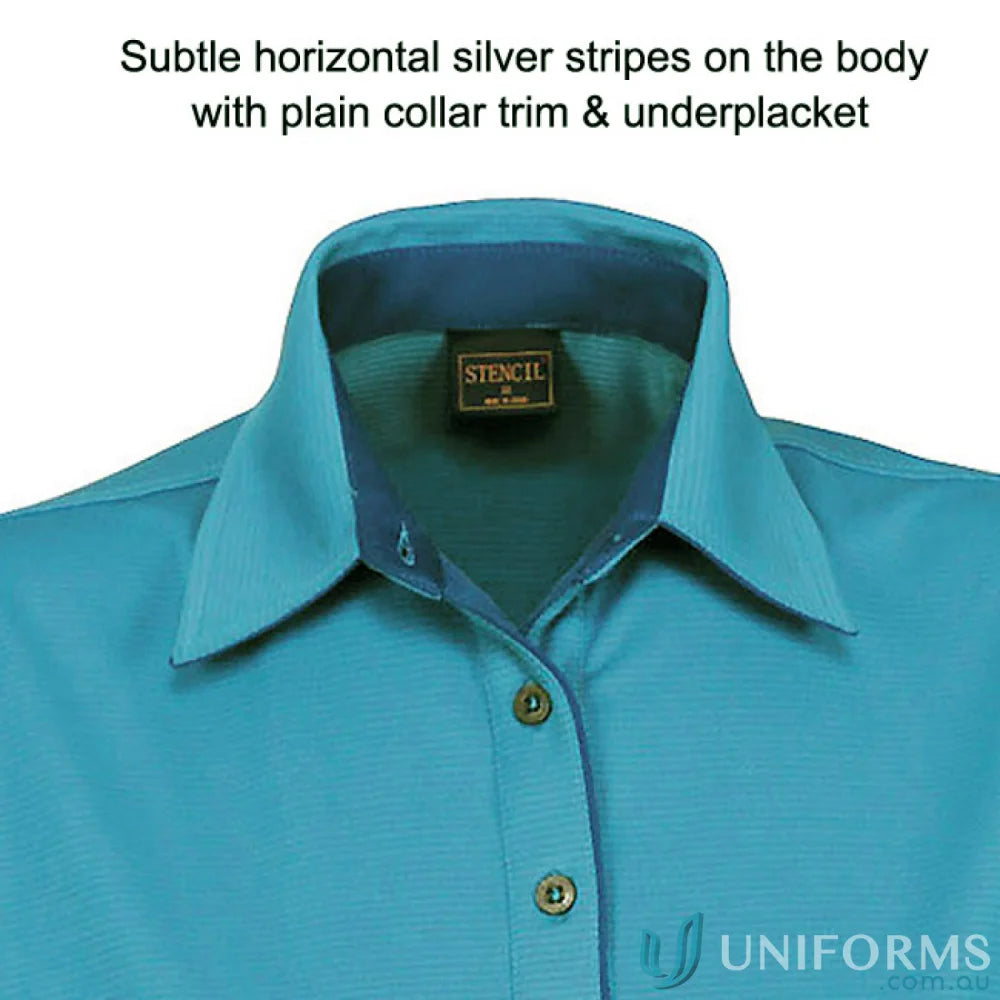 Ladies SilverTech Polo with teal button-down shirt featuring silver stripes and nano-scale silver technology