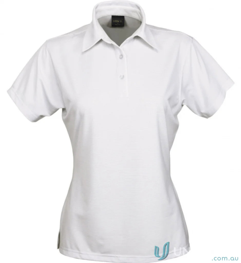 White womens polo shirt with nano-scale silver technology and performance fabric yarn-treated for cool dry® comfort