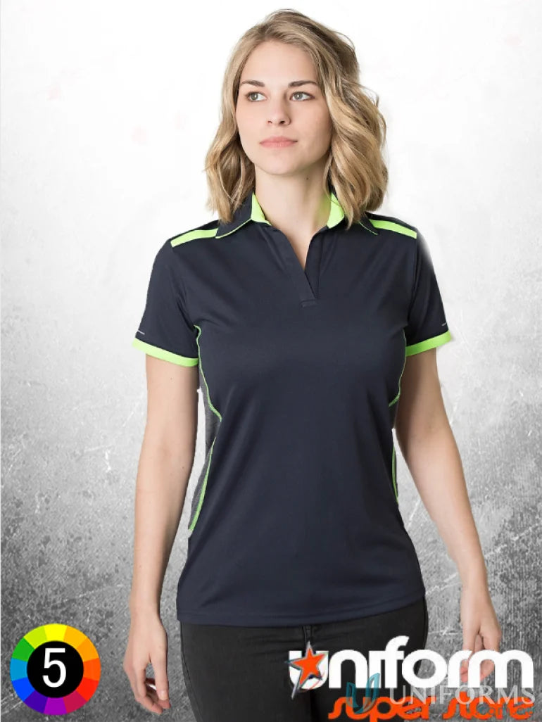 Woman wearing Ladies Soft Touch Stripe Polo in navy and lime green with aegis microbe shield
