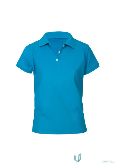 Blue ladies Sorrento Polo with neon short sleeve style and white button placket