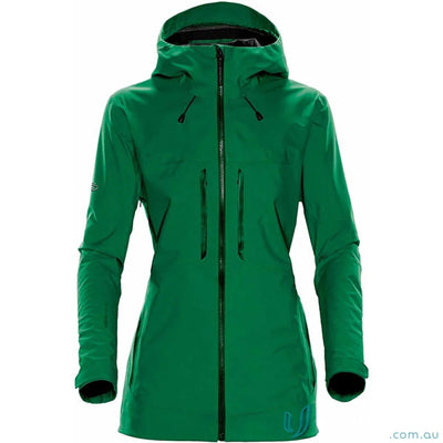 Vibrant green women’s Synthesis Stormshell waterproof jacket with zippers for active women