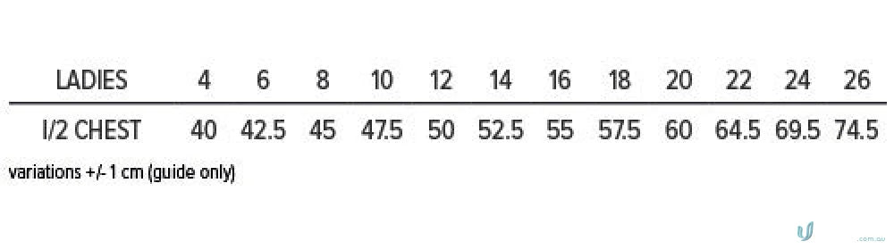Ladies Tasman Polo size chart