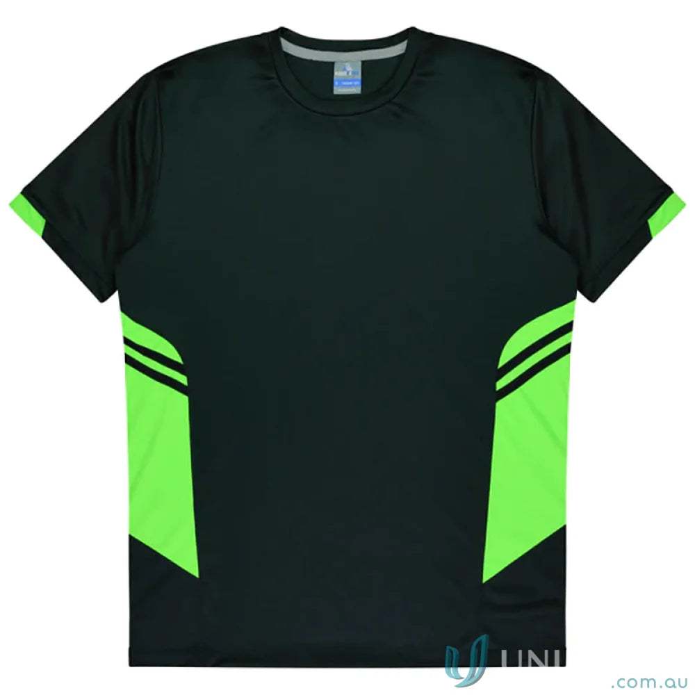 Black and green athletic Tasman Tee made from comfy fabric, perfect for uniforms or workwear