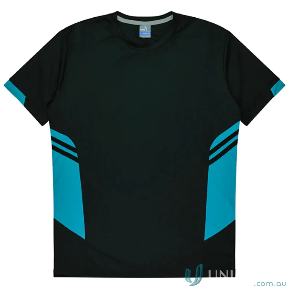 Black and teal athletic T-shirt made of breathable fabric, perfect for uniforms or workwear