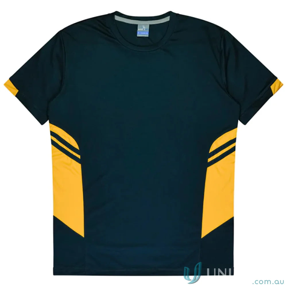 Dark blue and yellow athletic fabric T-shirt from Ladies Tasman Tee perfect for uniforms or workwear