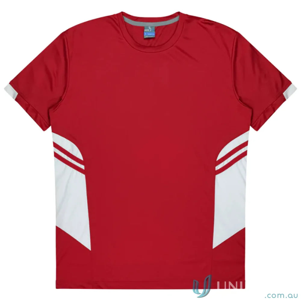 Red and white athletic T-shirt made of comfortable fabric, perfect for uniforms or workwear