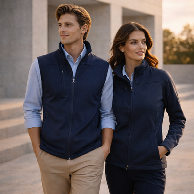Navy blue zip-front fleece vest in ladies UTech SoftShell Jacket