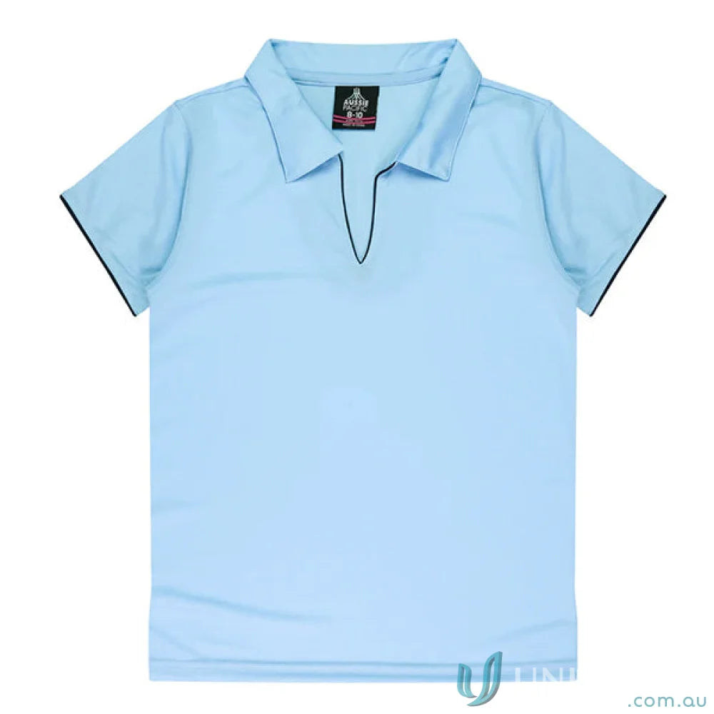 Light blue Ladies Yarra Polo shirt with dark trim, perfect for workwear or uniforms