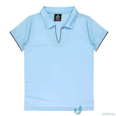 Light blue Ladies Yarra Polo shirt with dark trim, perfect for workwear or uniforms