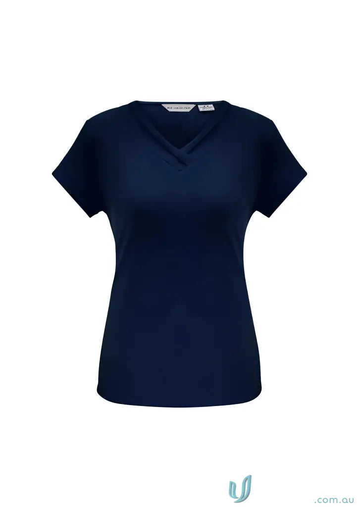 Navy blue Lana Top with V-neck, fashionable pleat fold, designed in soft jersey knit